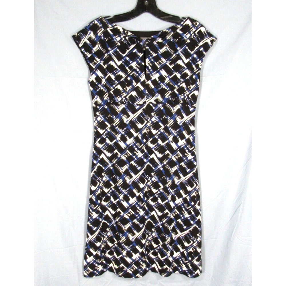 ANN TAYLOR Blue/Black BRUSHSTROKE PRINT Stretch Knit KEYHOLE NECK Sheath Dress 0